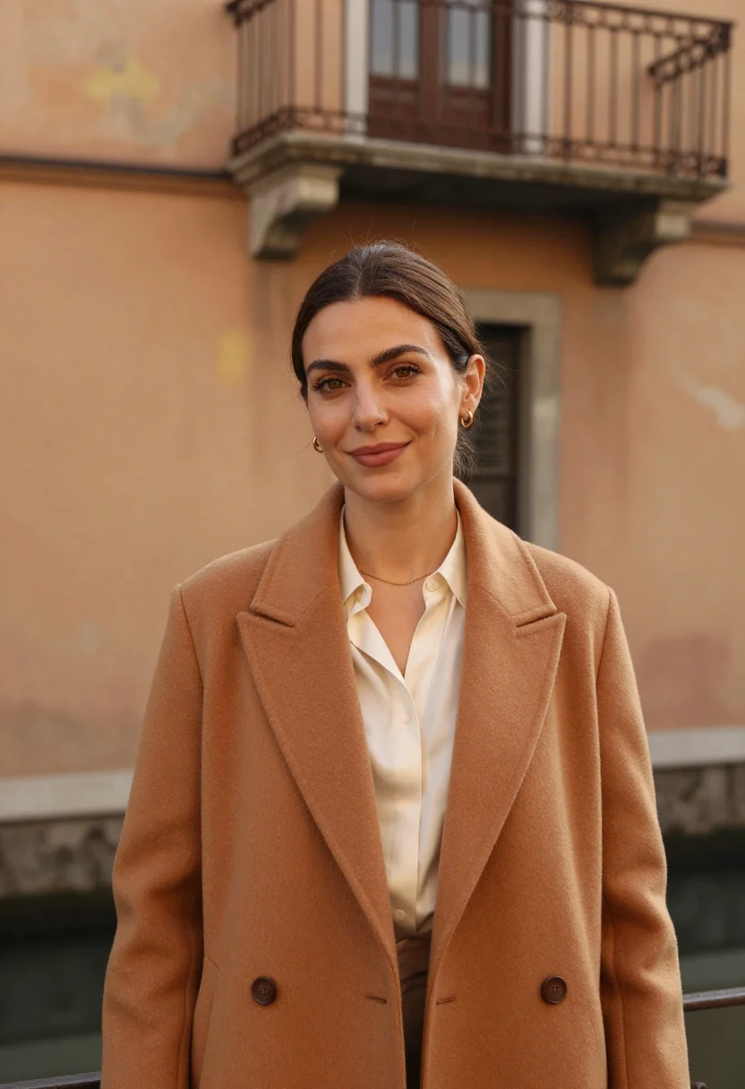 AI navigli design director canal ochre sample — portrait of a woman, of Southern-Italian descent, in her ear