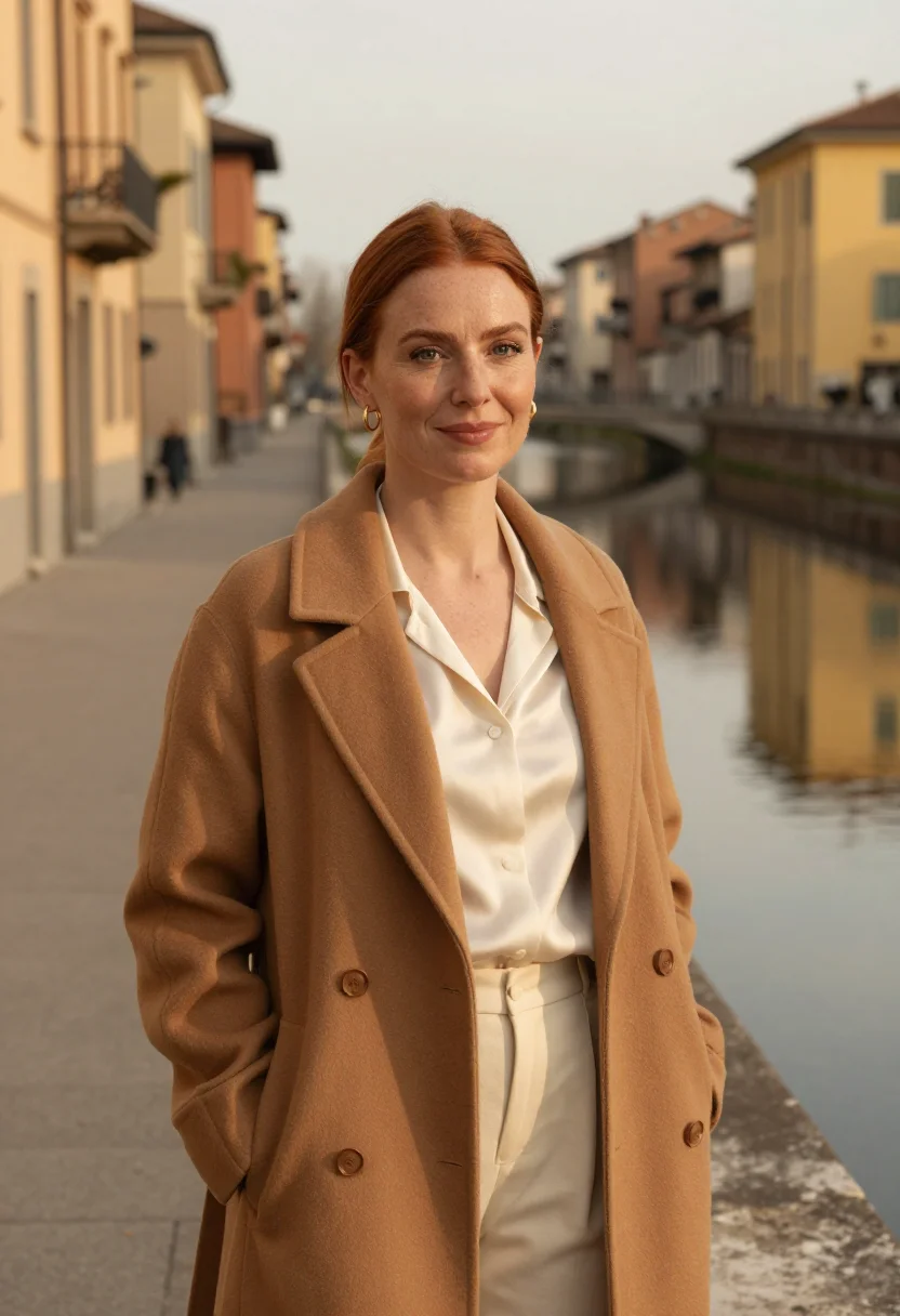 AI navigli design director canal ochre sample — portrait of a woman, of Western-European descent, in her lat