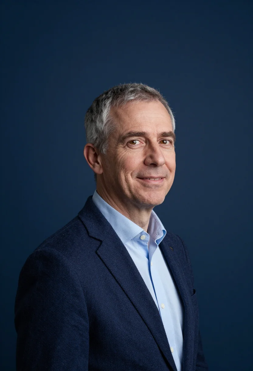 AI navy backdrop headshot sample — head-and-shoulders portrait of a man in his fifties with fai