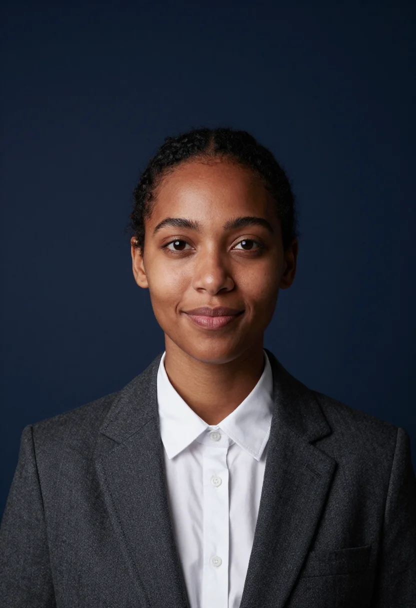AI navy backdrop headshot sample — head-and-shoulders portrait of a woman in her early thirties