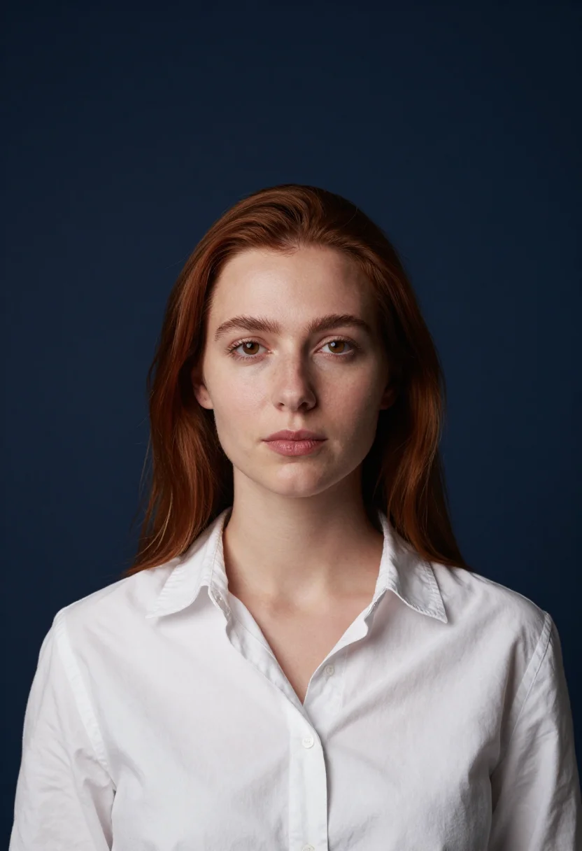 AI navy backdrop headshot sample — head-and-shoulders portrait of a woman in her mid-twenties w