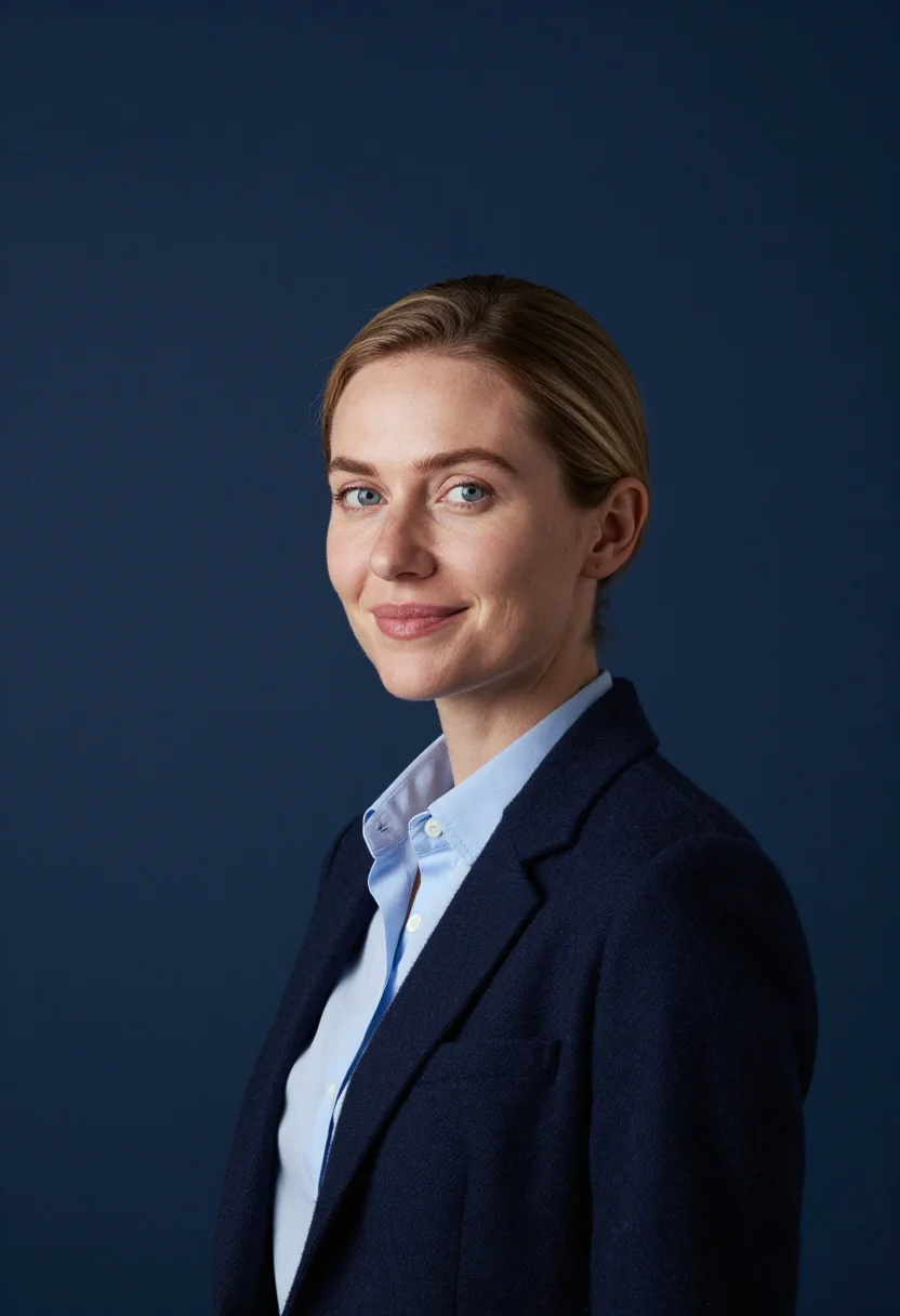 AI navy backdrop headshot sample — head-and-shoulders portrait of a woman in her late twenties