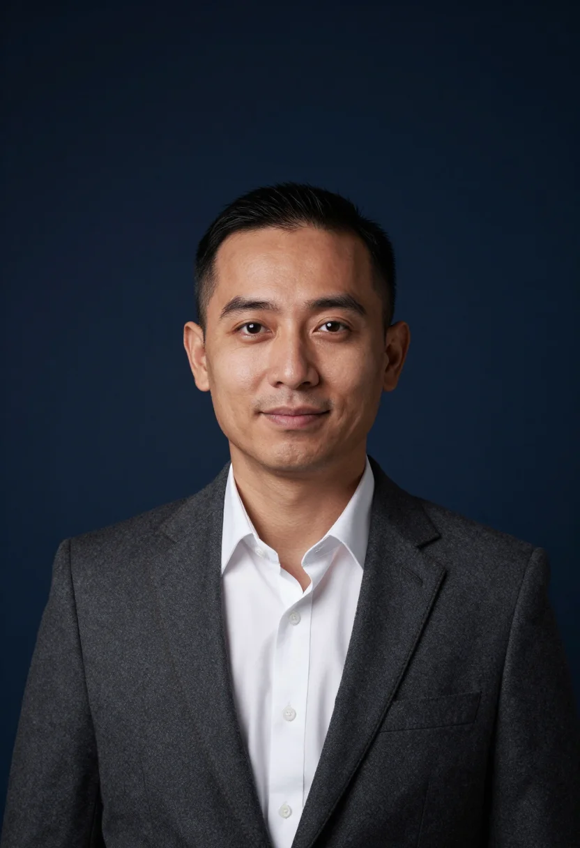 AI navy backdrop headshot sample — head-and-shoulders portrait of a man in his forties with war