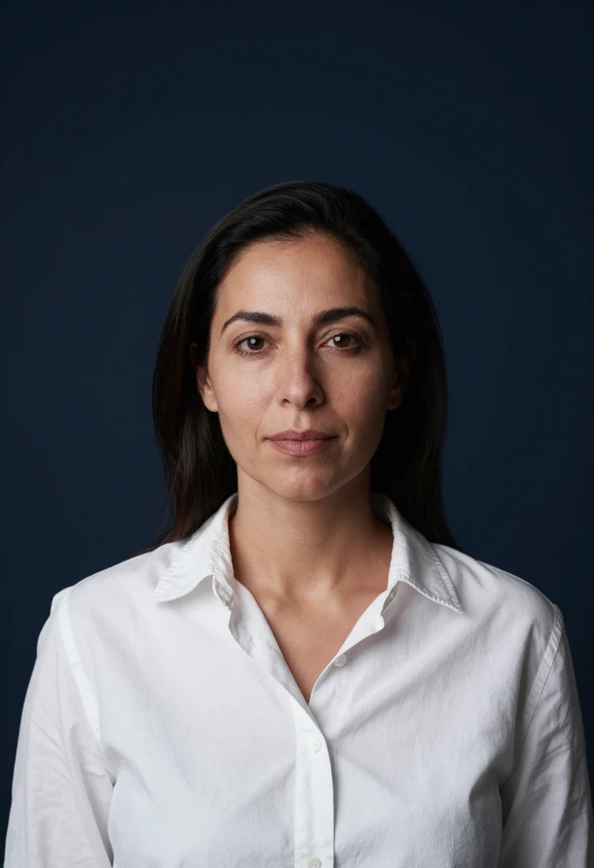 AI navy backdrop headshot sample — head-and-shoulders portrait of a woman in her forties with o