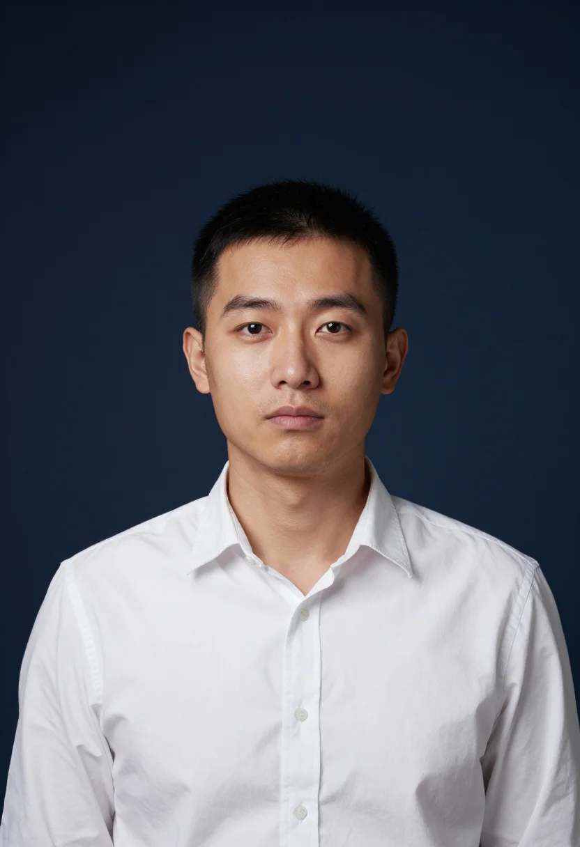 AI navy backdrop headshot sample — head-and-shoulders portrait of an East-Asian man in his thir
