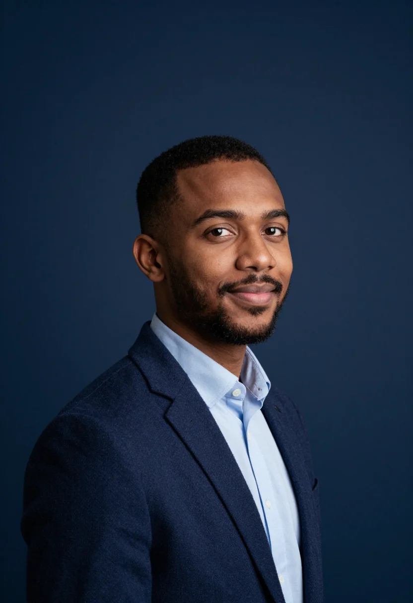 AI navy backdrop headshot sample — head-and-shoulders portrait of a man in his early thirties w