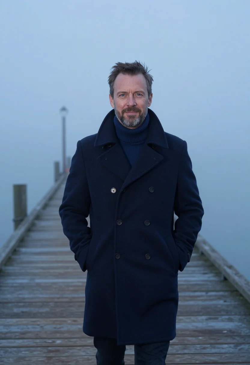 AI navy peacoat fog headshot sample — portrait of a man, framed half-length from the head to the h