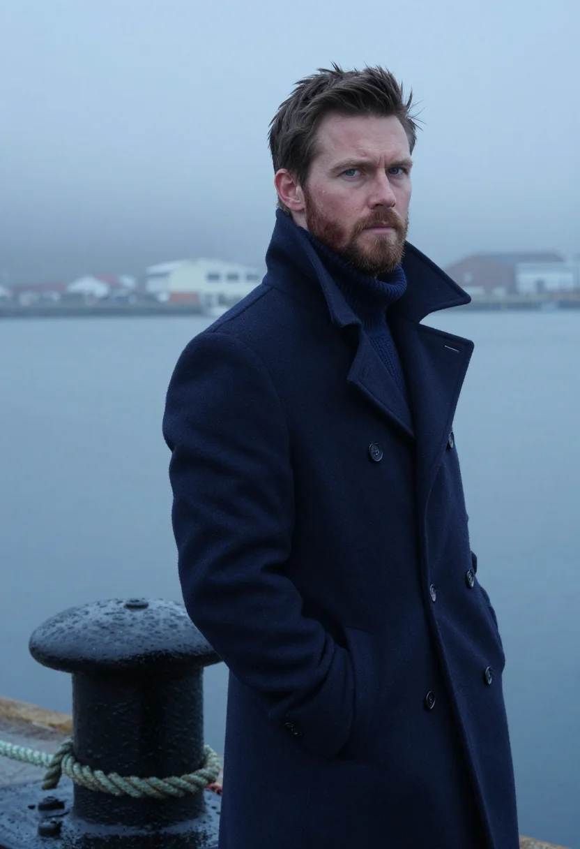 AI navy peacoat fog headshot sample — portrait of a man, framed tight, head and shoulders, the bod