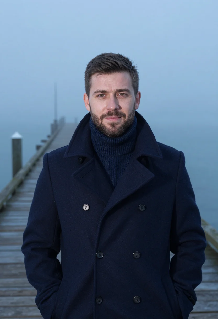 AI navy peacoat fog headshot sample — portrait of a man, framed chest-up, cropped at the ribs, the