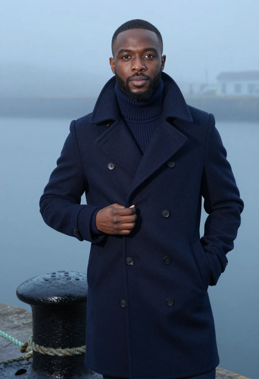 AI navy peacoat fog headshot sample — portrait of a man, framed chest-up, cropped at the ribs, the