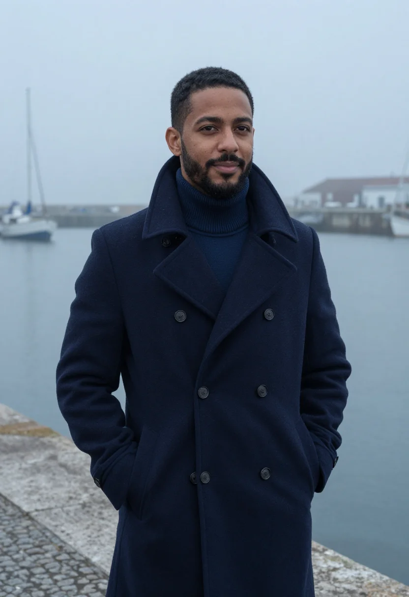AI navy peacoat fog headshot sample — portrait of a man, framed waist-up, cropped at the hips, the