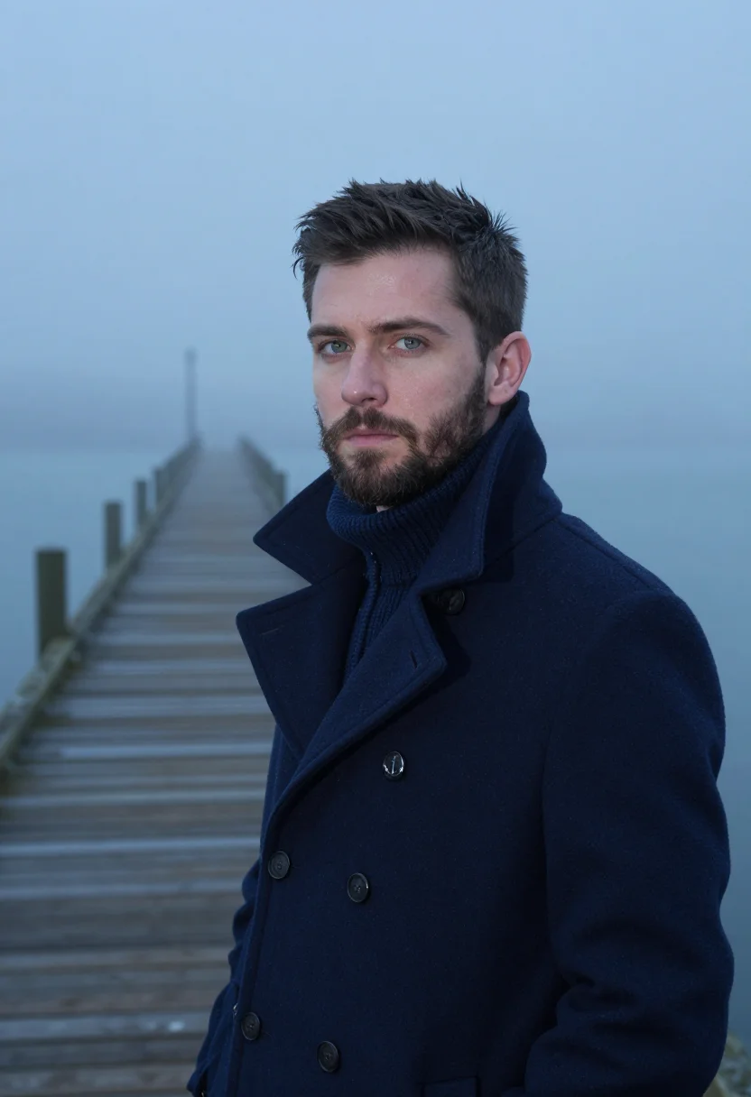 AI navy peacoat fog headshot sample — portrait of a man, framed tight, head and shoulders, the bod