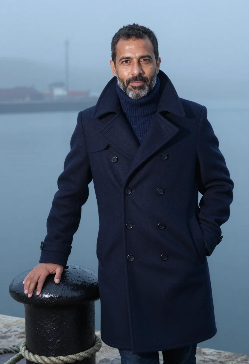AI navy peacoat fog headshot sample — portrait of a man, framed waist-up, cropped at the hips, the