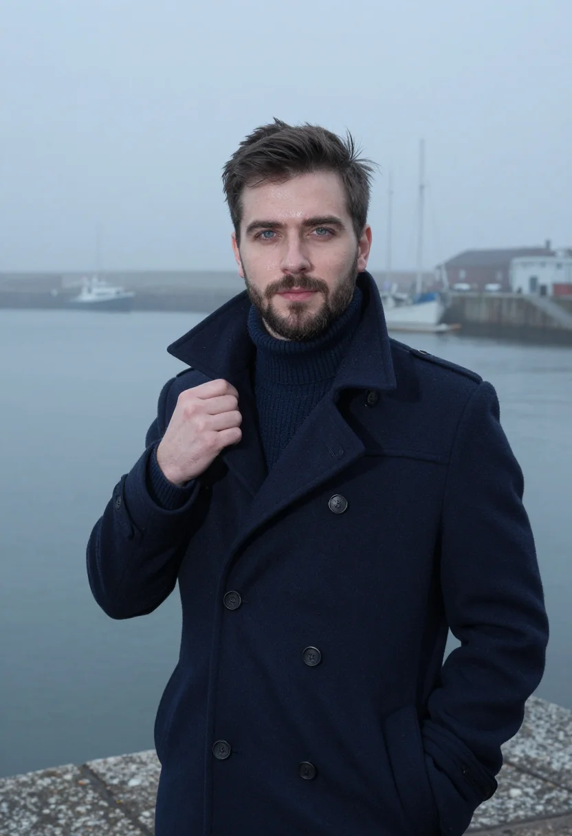 AI navy peacoat fog headshot sample — portrait of a man, framed chest-up, cropped at the ribs, the