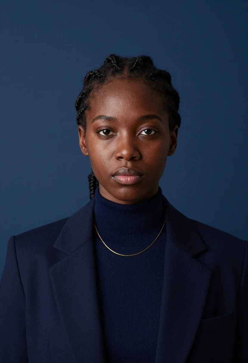 AI navy rollneck headshot sample — portrait of a woman, tight headshot of a Black woman of West