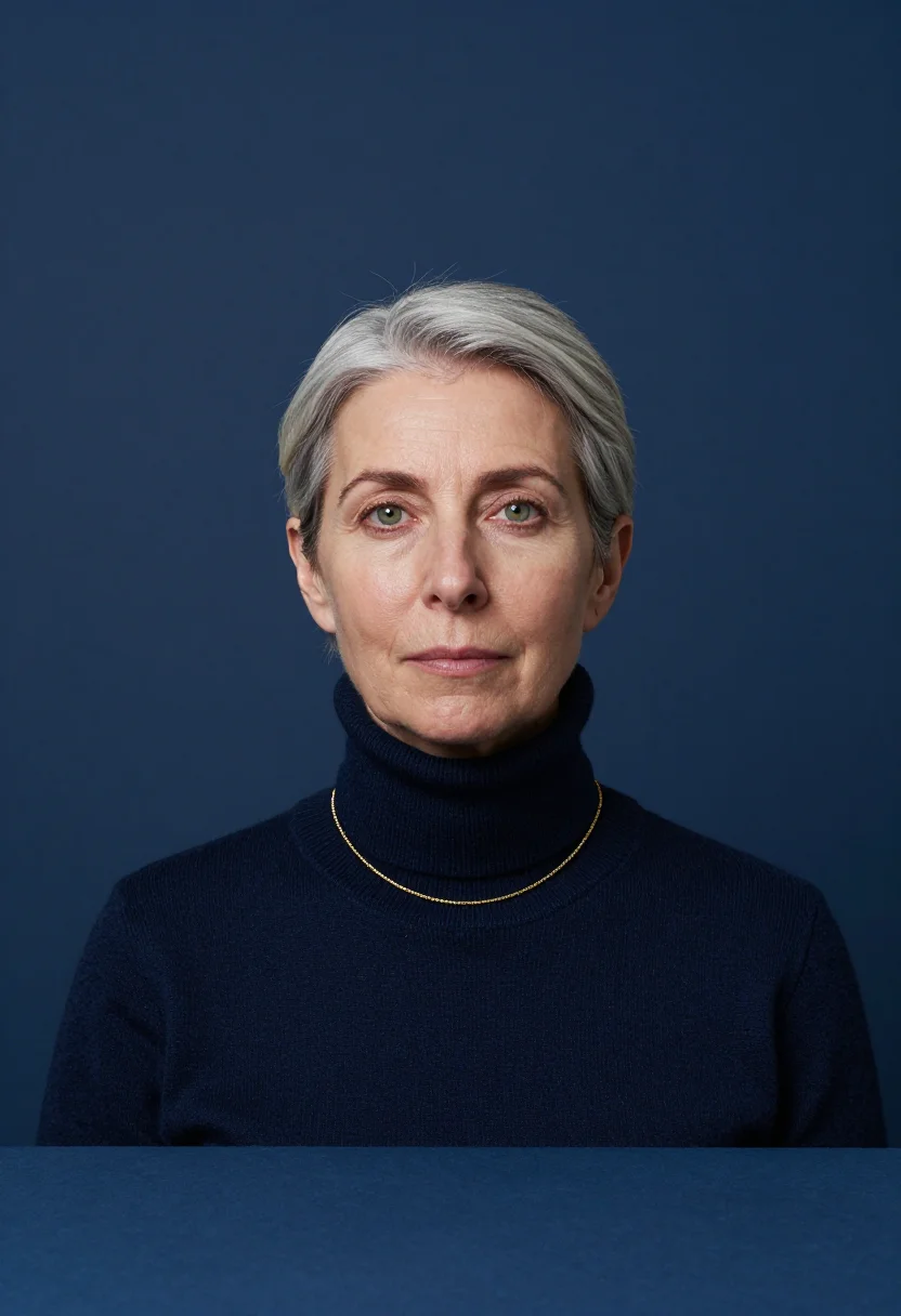 AI navy rollneck headshot sample — portrait of a woman, tight headshot of a Western-European wo