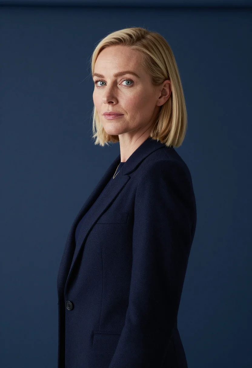 AI navy rollneck headshot sample — portrait of a woman, tight three-quarter headshot of a Nordi