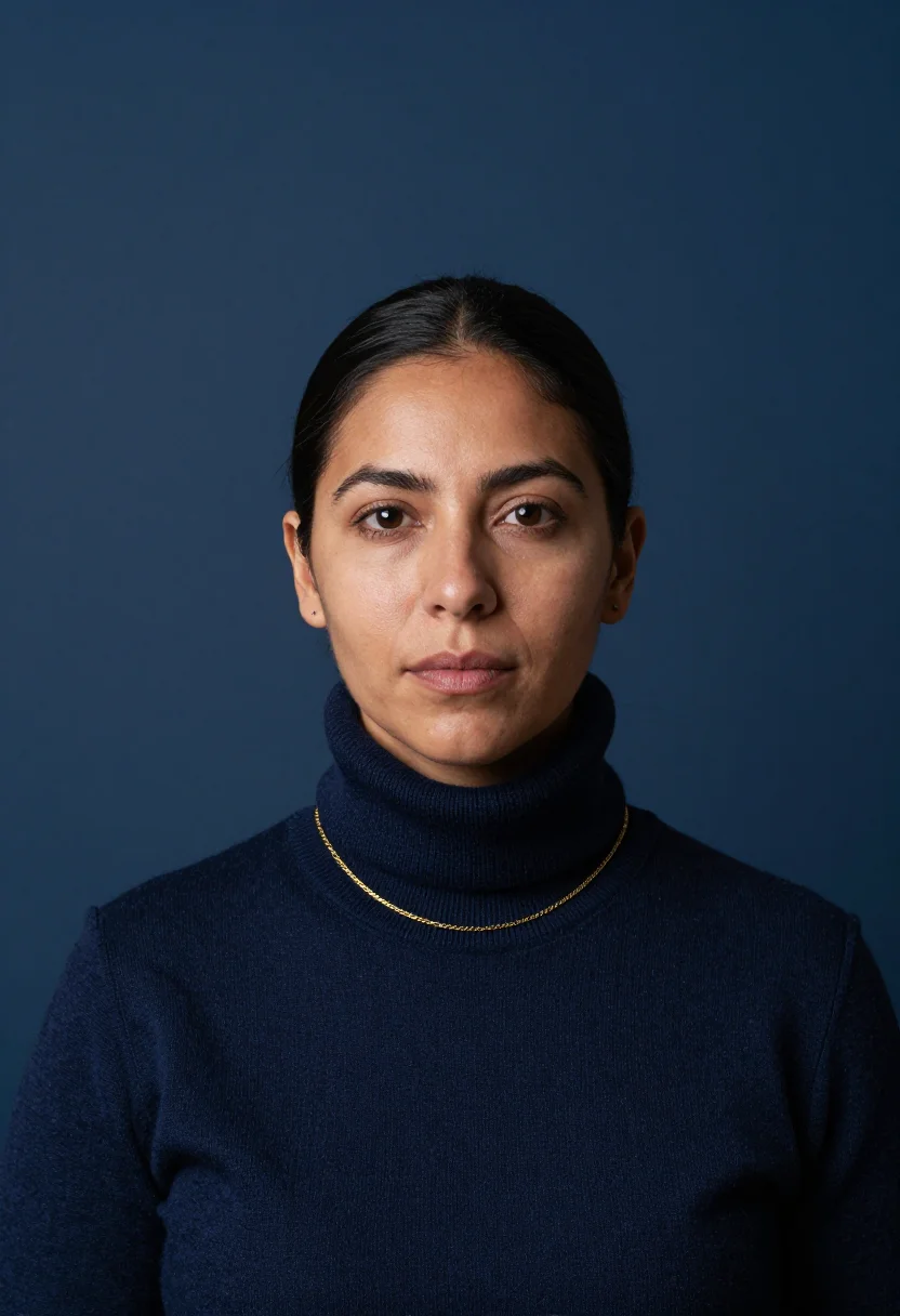 AI navy rollneck headshot sample — portrait of a woman, head-and-shoulders portrait of a Latin-