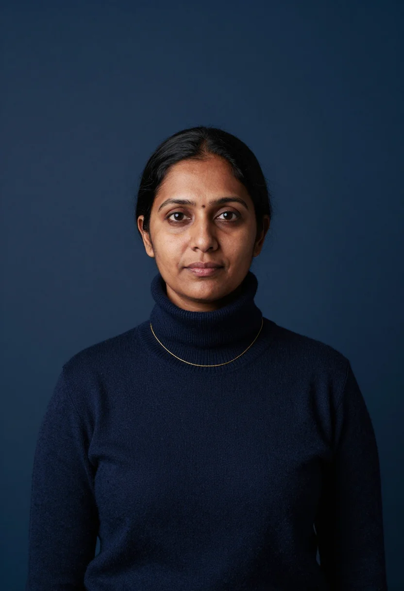 AI navy rollneck headshot sample — portrait of a woman, chest-up portrait of a South-Asian woma