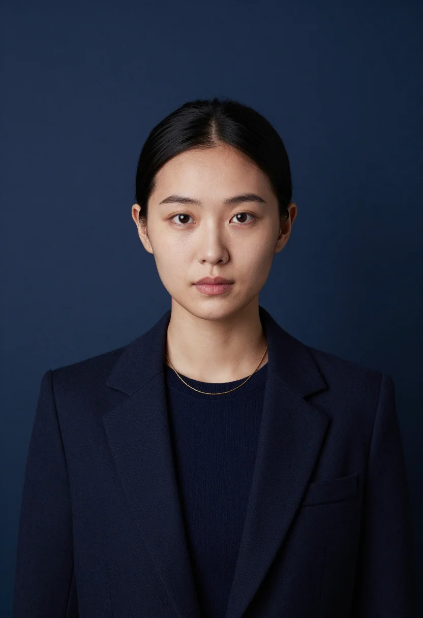 AI navy rollneck headshot sample — portrait of a woman, head-and-shoulders portrait of an East-