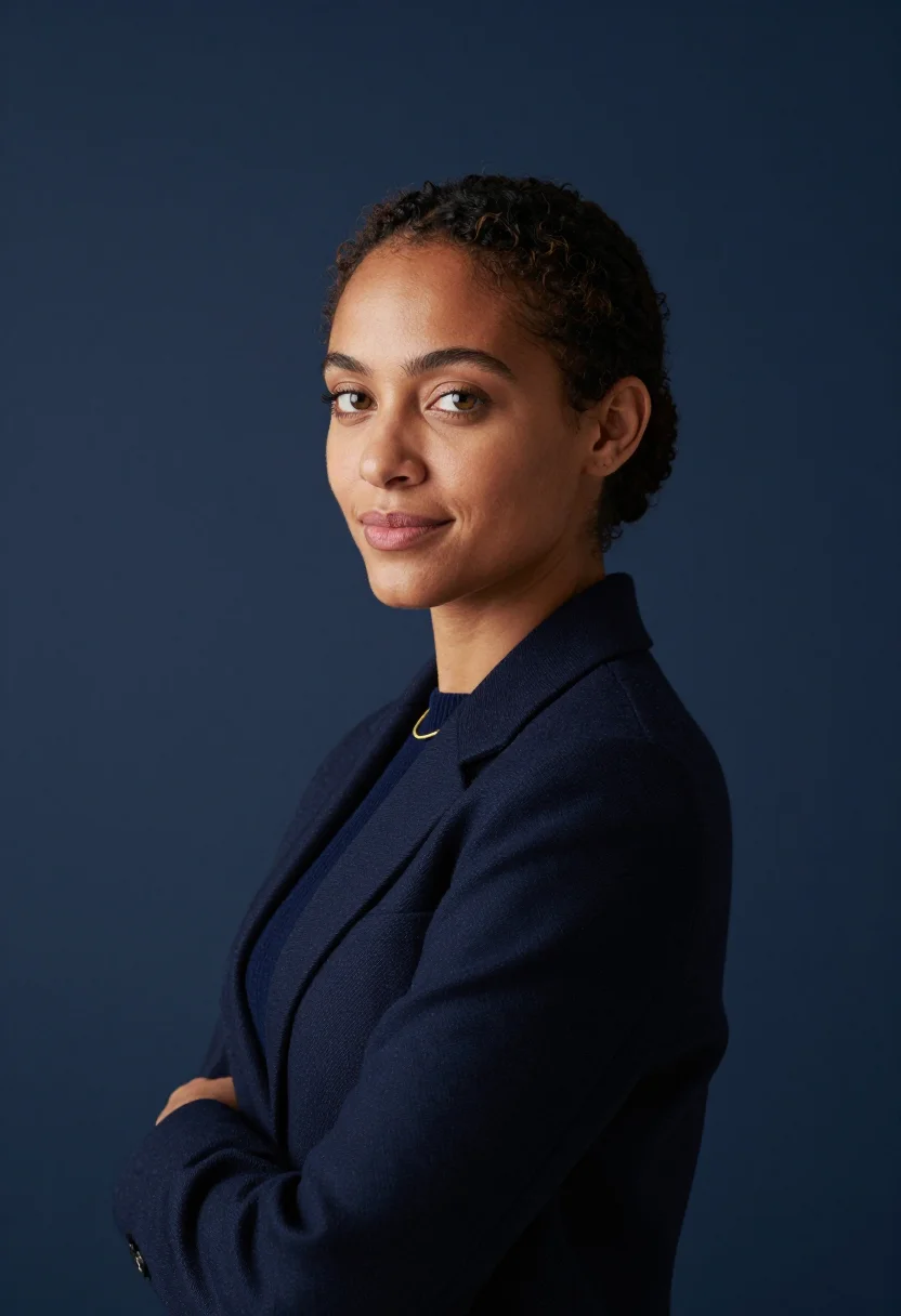 AI navy rollneck headshot sample — portrait of a woman, head-and-shoulders three-quarter portra