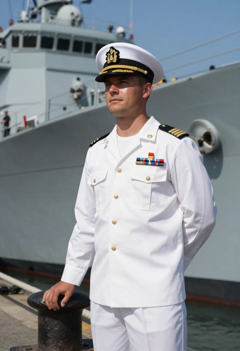 AI navy summer whites sample — portrait of a man, low three-quarter-length portrait of an A