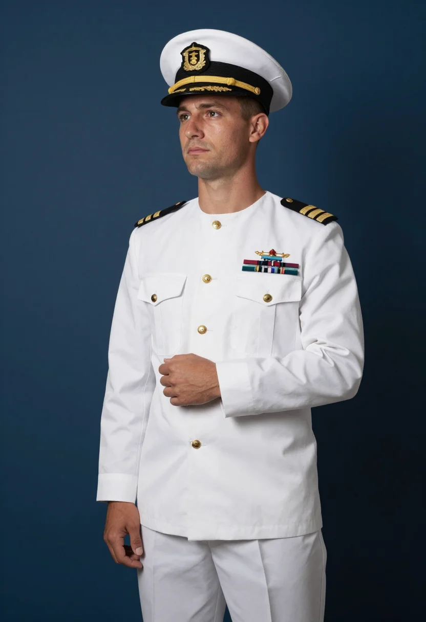 AI navy summer whites sample — portrait of a man, low three-quarter-length portrait of an A