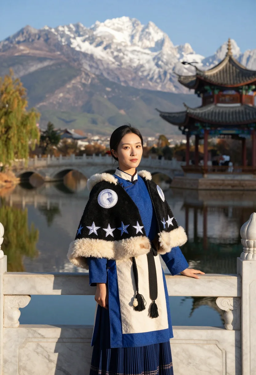 AI naxi cape sample — portrait of a woman, half-length portrait of a Naxi woman in