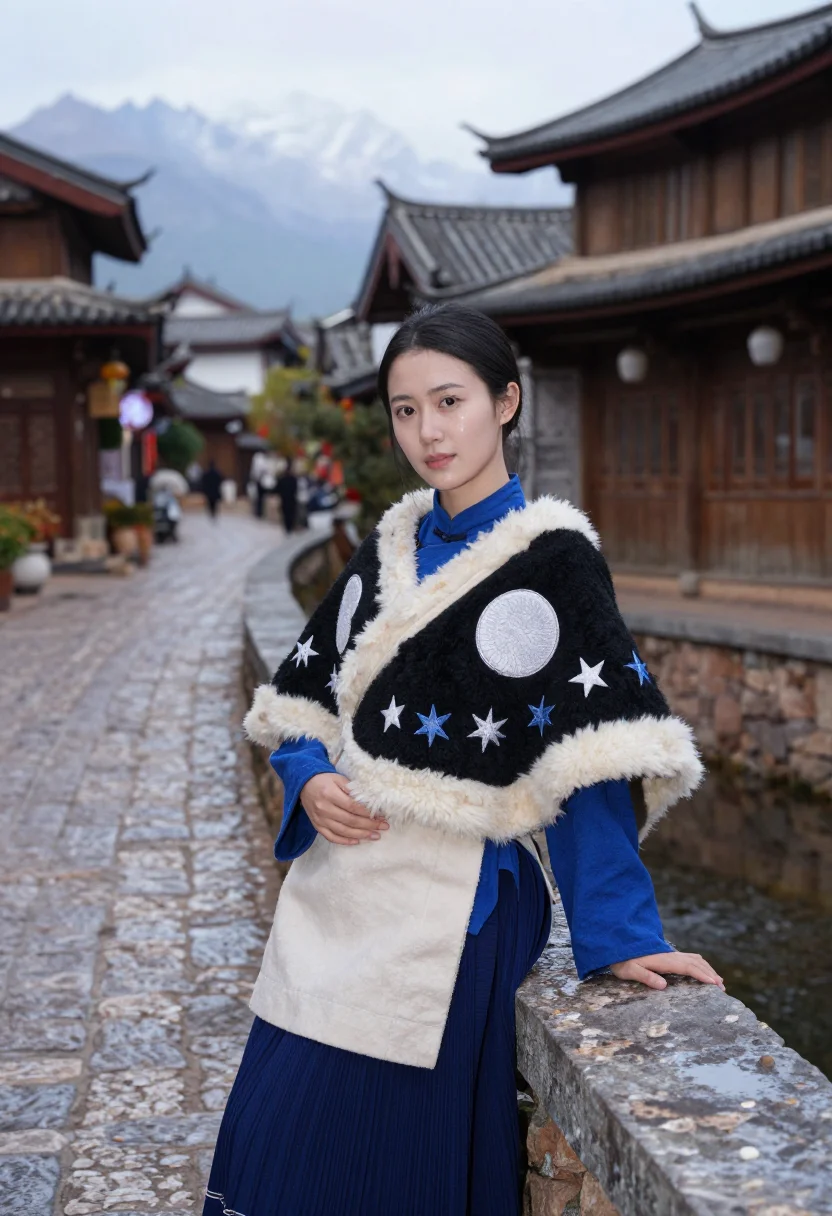 AI naxi cape sample — portrait of a woman, half-length portrait of a Naxi woman in