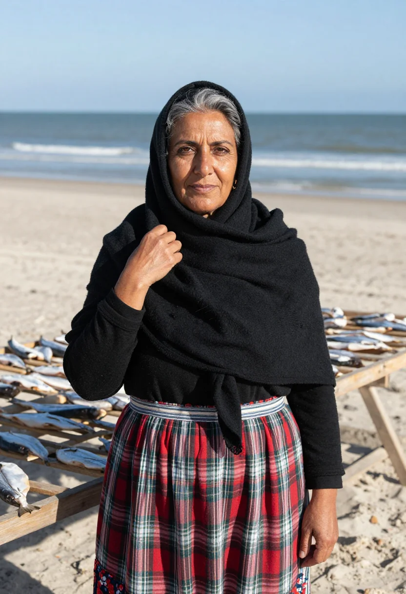 AI nazare fisherwoman sample — portrait of a woman, chest-up portrait of a Portuguese woman