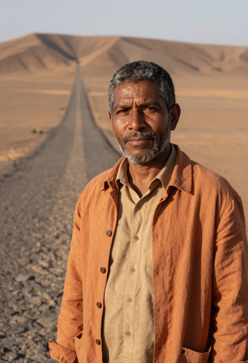 AI nazca archaeologist desert lines ochre sample — portrait of a man, an archaeologist in his fifties of Afro-P