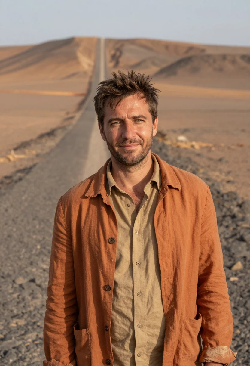 AI nazca archaeologist desert lines ochre sample — portrait of a man, an archaeologist in his forties of French