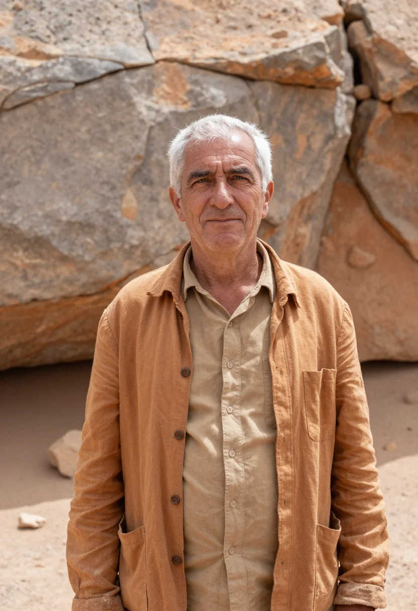 AI nazca archaeologist desert lines ochre sample — portrait of a man, an archaeologist in his sixties of German