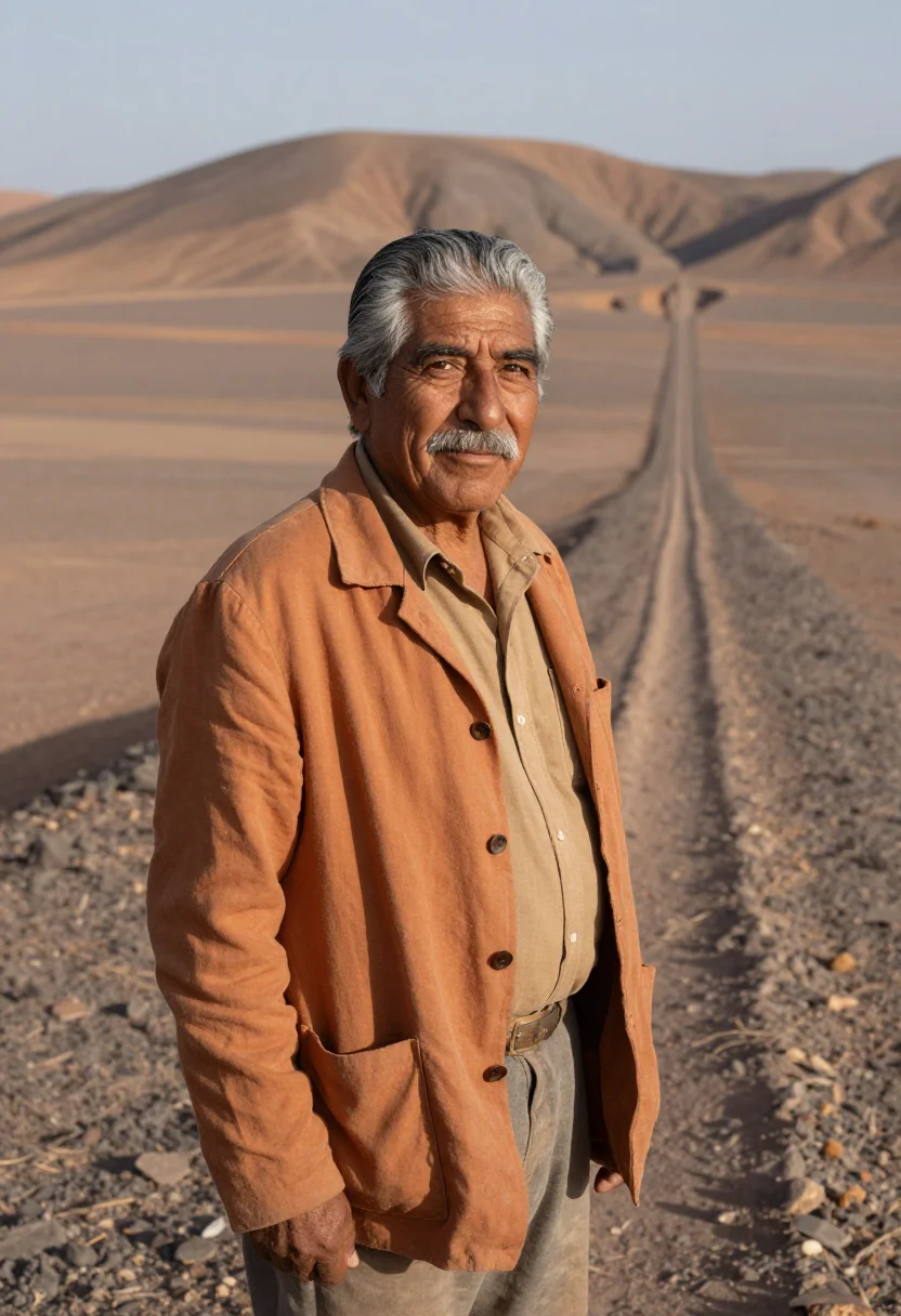 AI nazca archaeologist desert lines ochre sample — portrait of a man, an archaeologist in his sixties of Chilea
