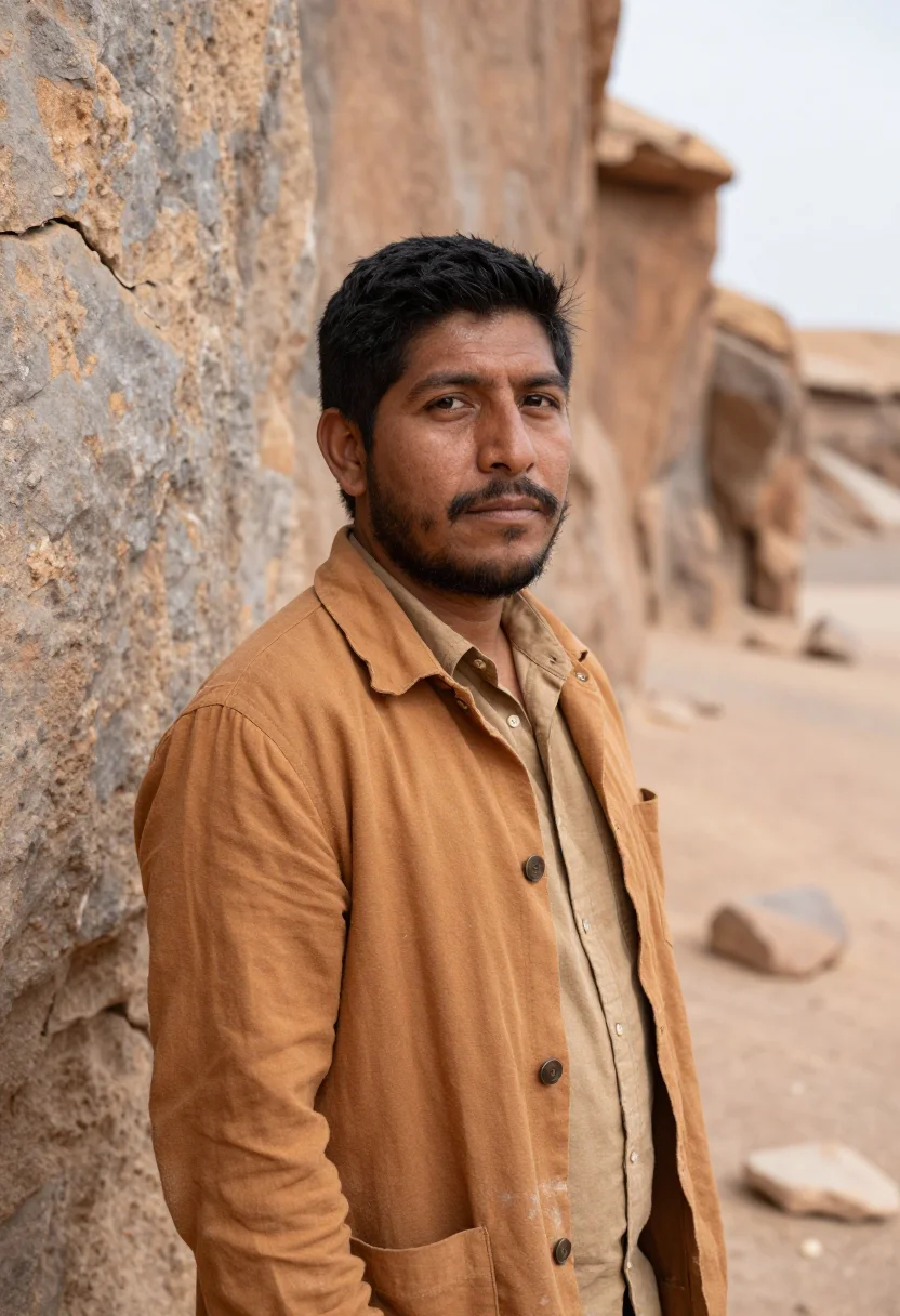 AI nazca archaeologist desert lines ochre sample — portrait of a man, an archaeologist in his mid-forties of Pe