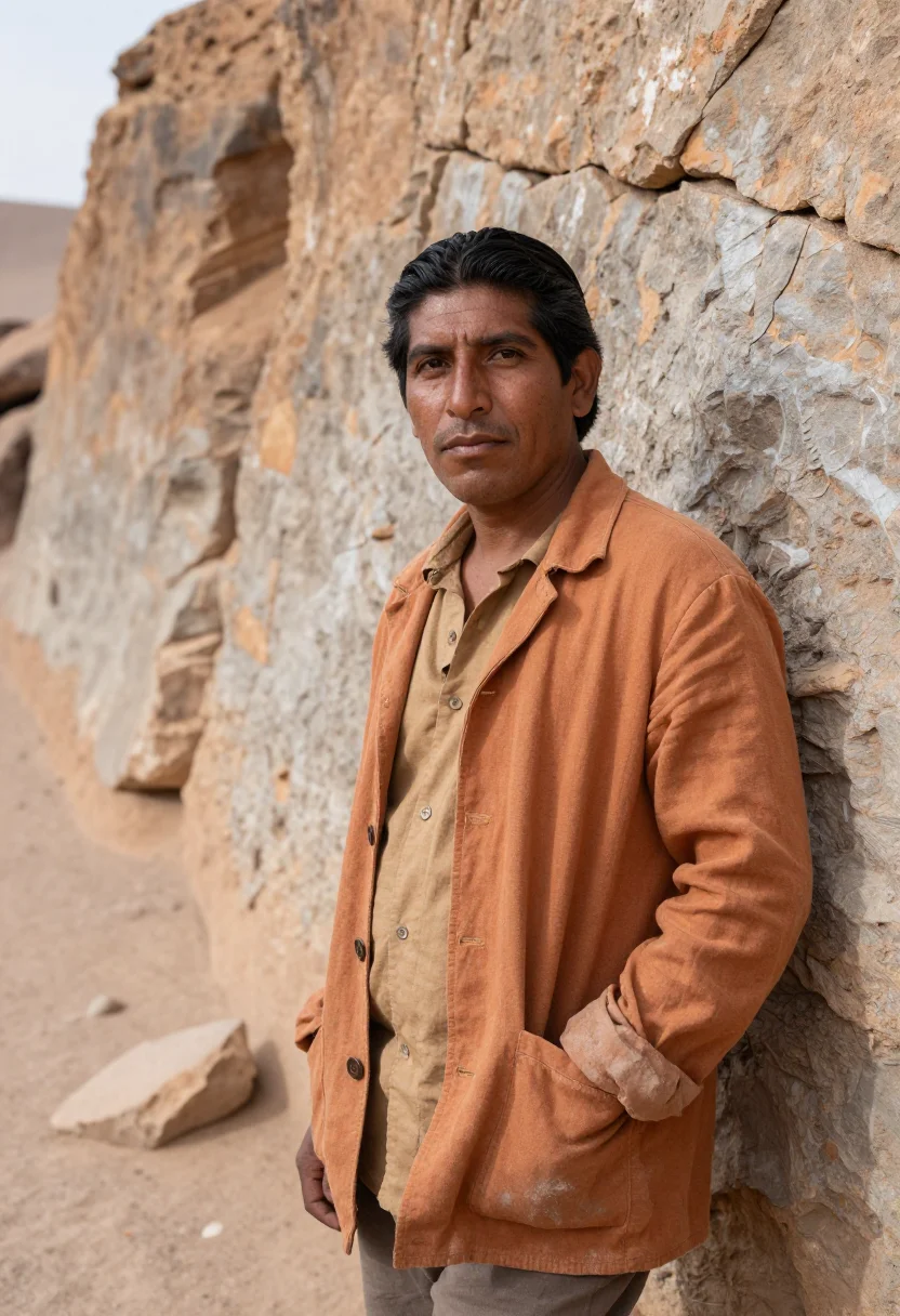 AI nazca archaeologist desert lines ochre sample — portrait of a man, an archaeologist in his late thirties of