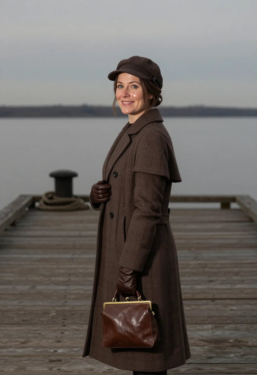 AI nellie bly checked ulster brown sample — portrait of a woman, framed half-length from the waist up, t