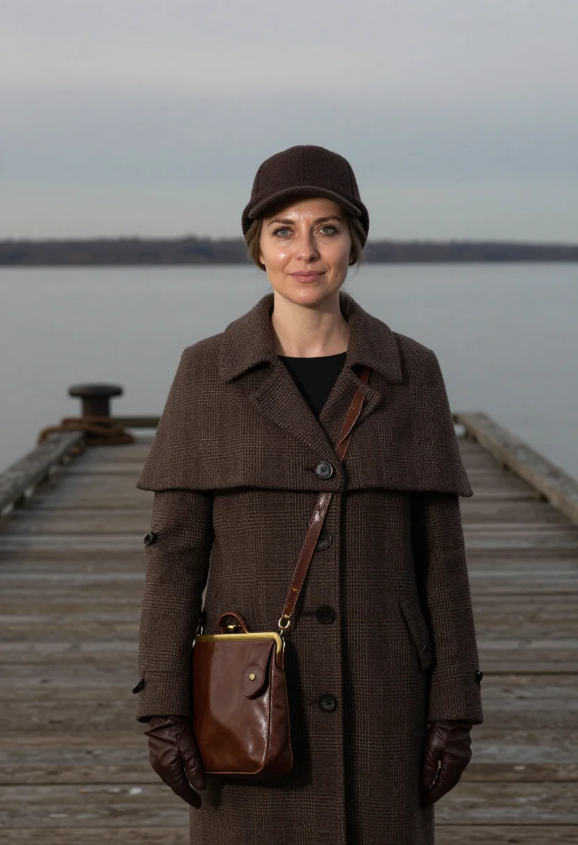 AI nellie bly checked ulster brown sample — portrait of a woman, framed tight, head and shoulders, the b