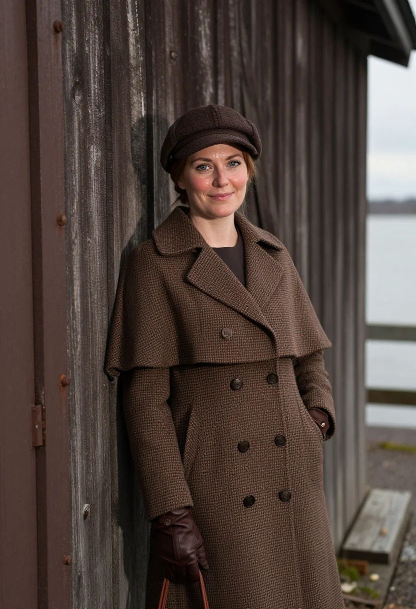 AI nellie bly checked ulster brown sample — portrait of a woman, framed half-length from the waist up, t