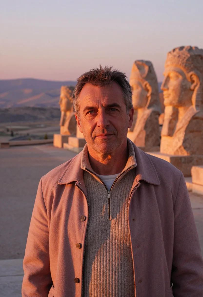 AI nemrut archaeologist stone heads dawn sample — portrait of a man, an archaeologist in his late forties of E
