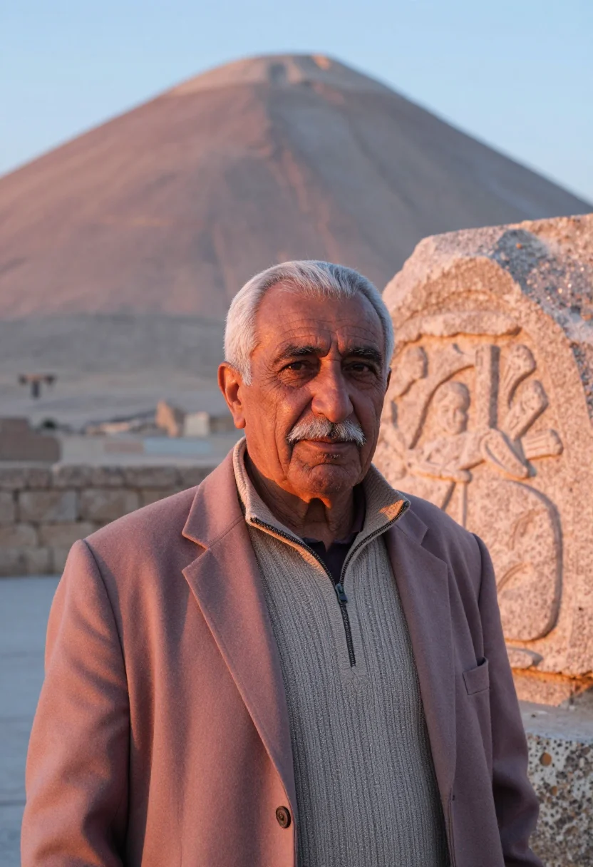 AI nemrut archaeologist stone heads dawn sample — portrait of a man, an archaeologist in his sixties of Armeni