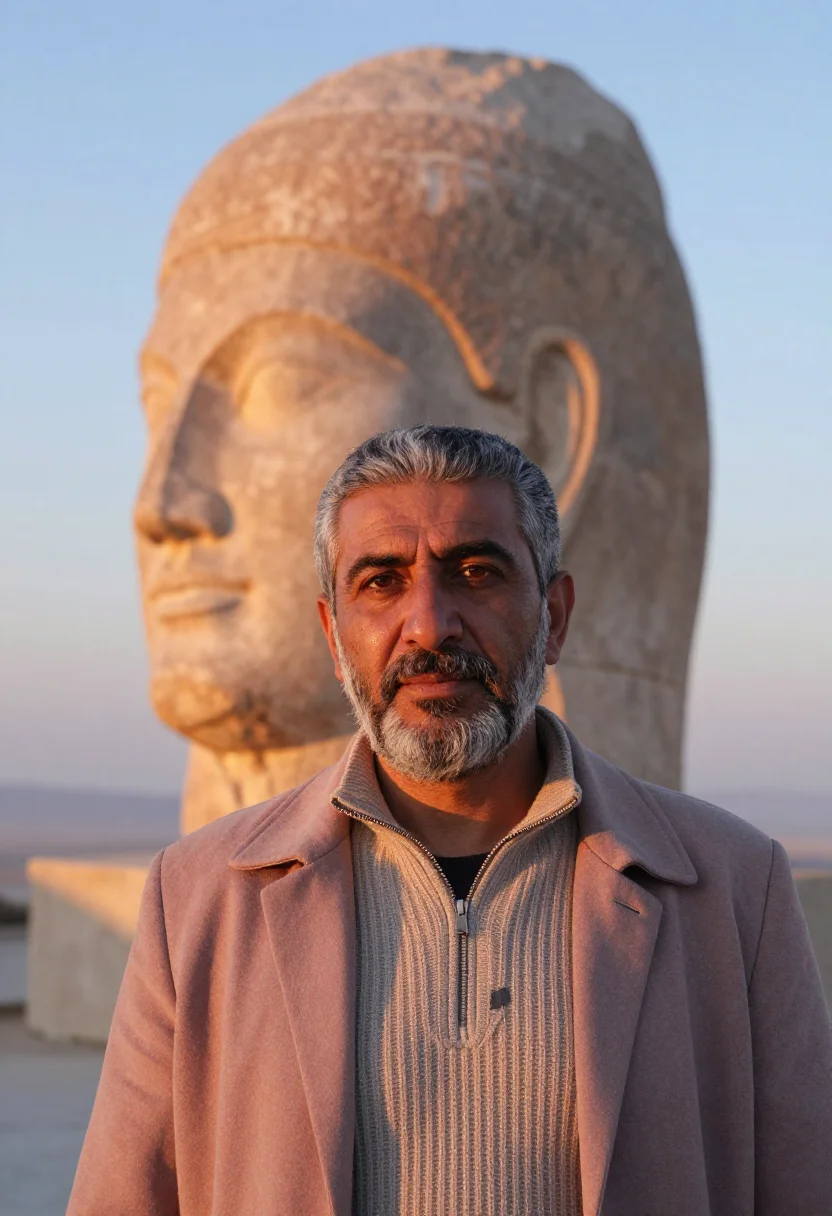 AI nemrut archaeologist stone heads dawn sample — portrait of a man, an archaeologist in his fifties of Kurdis