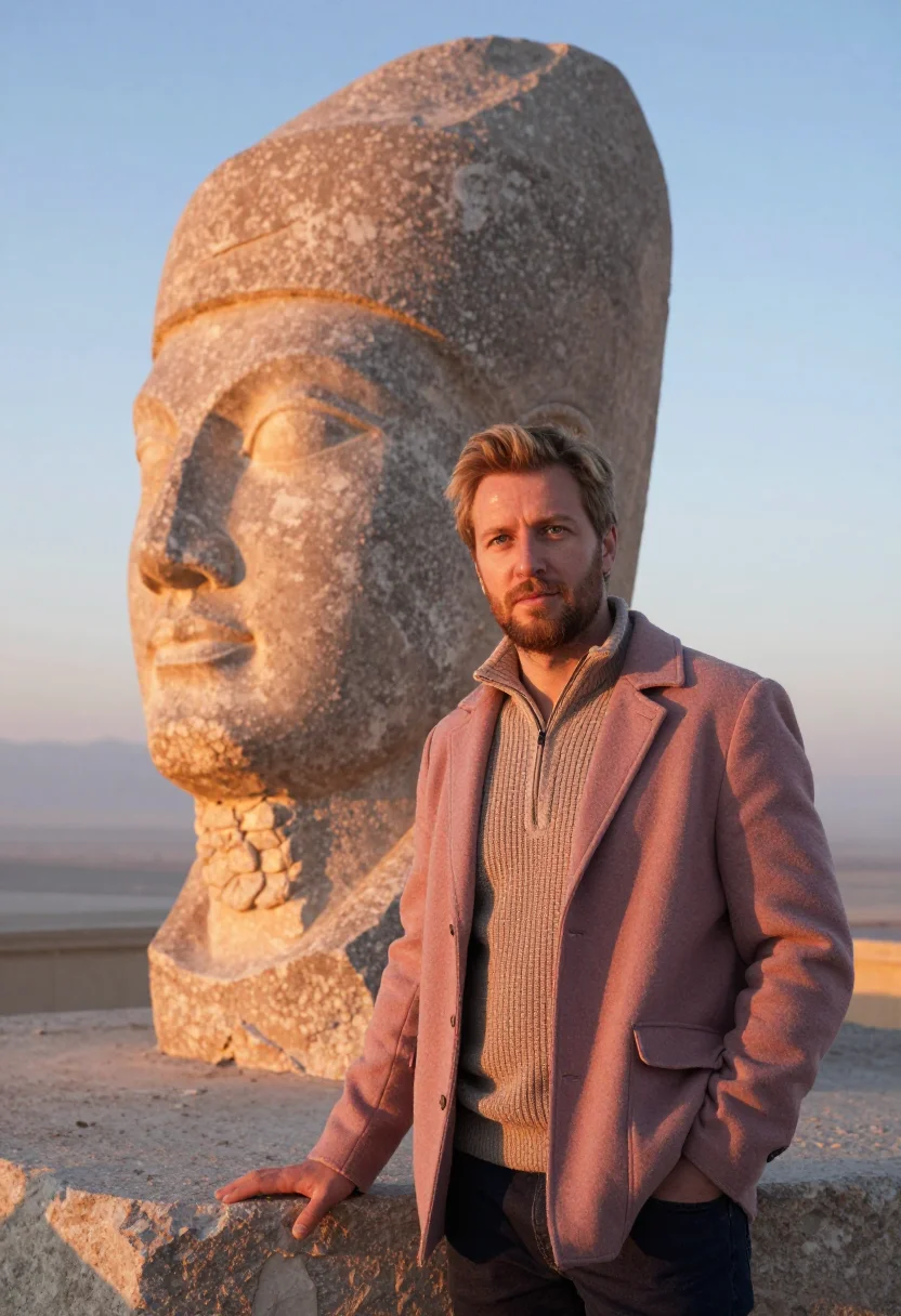 AI nemrut archaeologist stone heads dawn sample — portrait of a man, an archaeologist in his late thirties of
