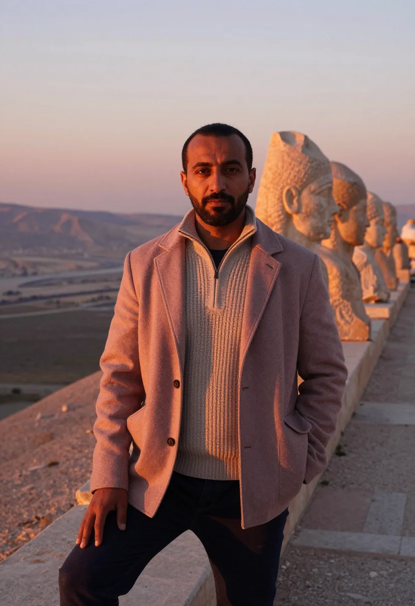 AI nemrut archaeologist stone heads dawn sample — portrait of a man, an archaeologist in his forties of Syrian
