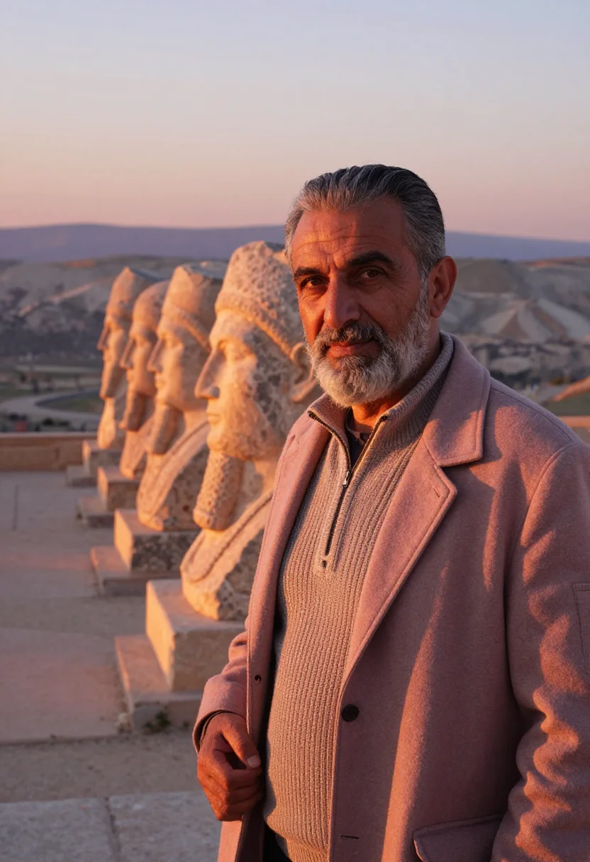 AI nemrut archaeologist stone heads dawn sample — portrait of a man, an archaeologist in his fifties of Turkis