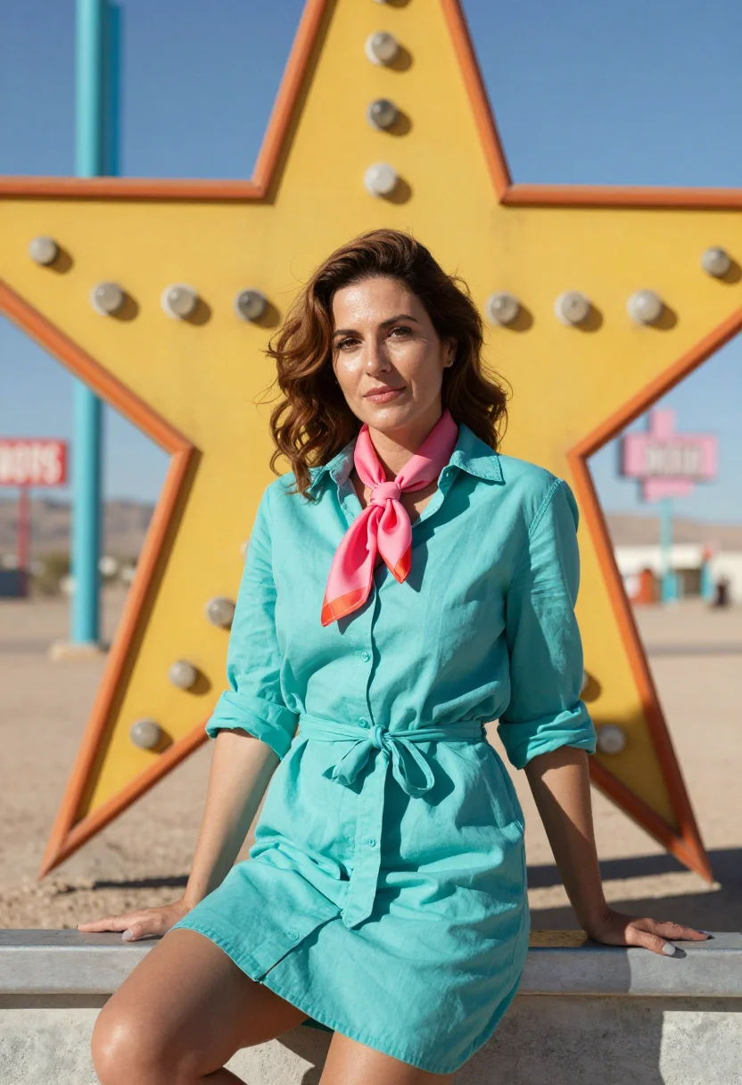 AI neon boneyard sign designer palette sample — portrait of a woman, framed at half-length, cropped at the h