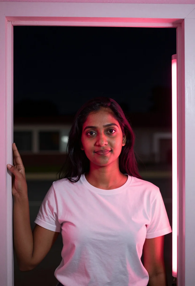 AI neon sign sample — portrait of a woman, close chest-up portrait of a South-Asia