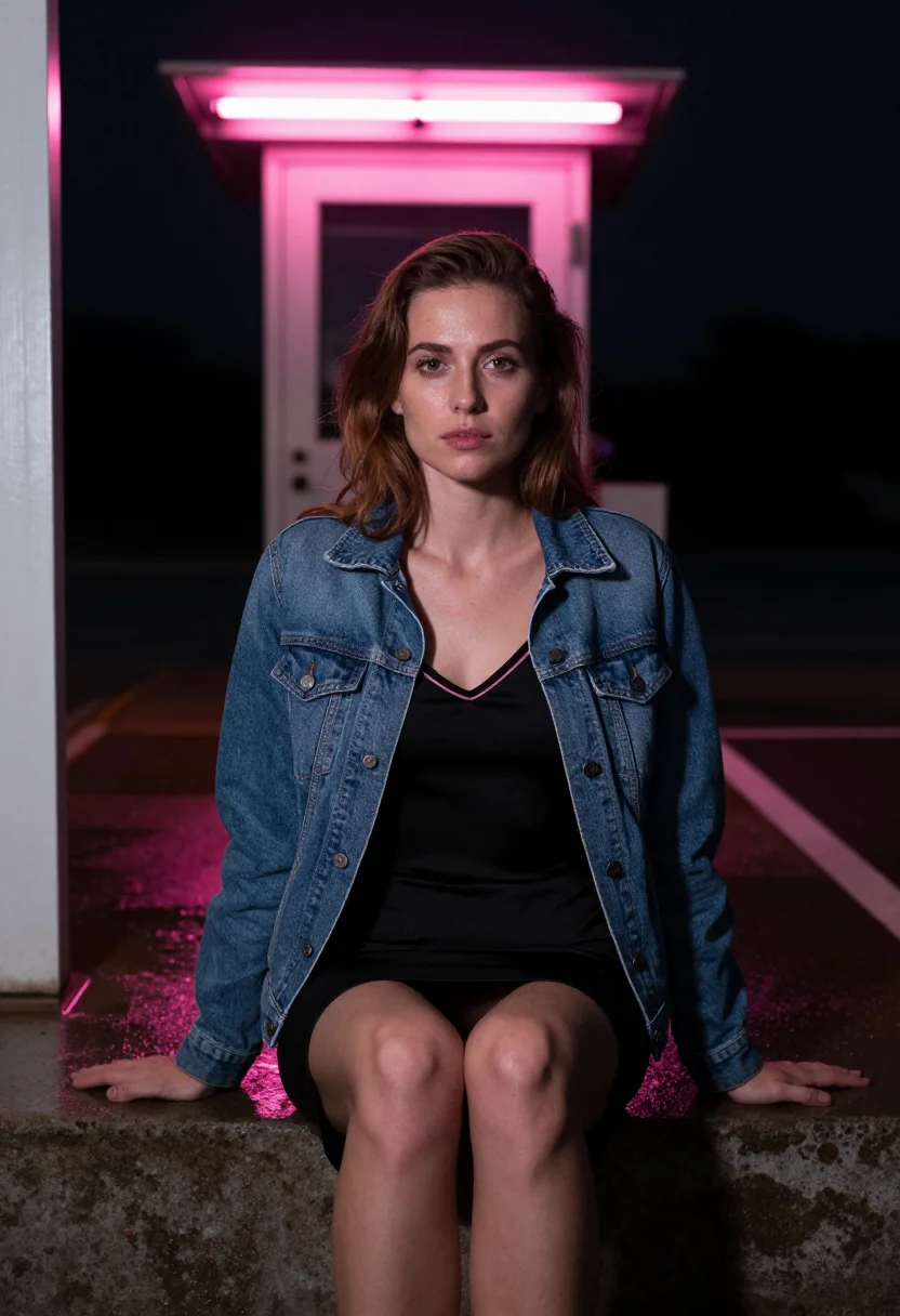 AI neon sign sample — portrait of a woman, seated three-quarter portrait of a West