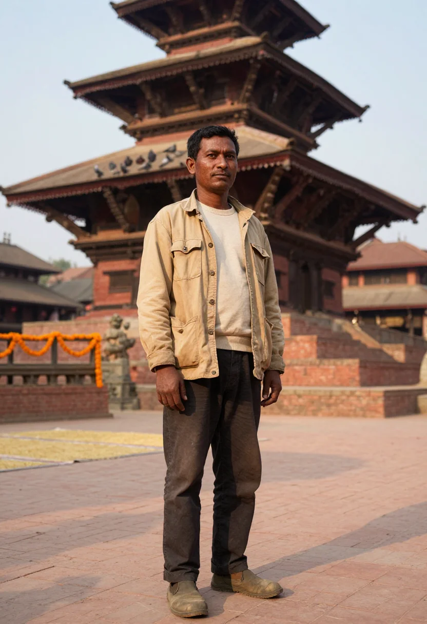 AI nepal sample — full-length portrait of a Tamang Nepali man with warm brown