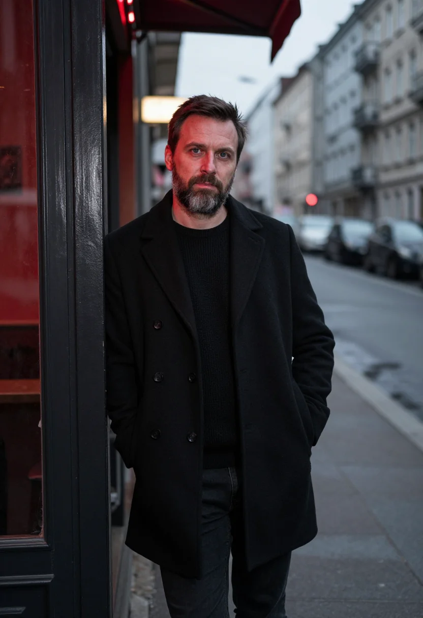 AI neukolln bar red light sample — portrait of a man, framed half-length, from the crown to the